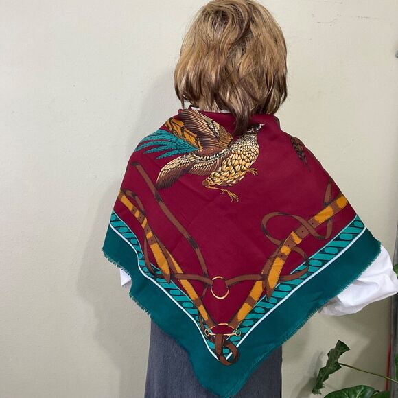 VTG Large Square Scarf Shawl Wrap Phesants/ horse Bit 45”x45”  Fringe - Picture 2 of 11